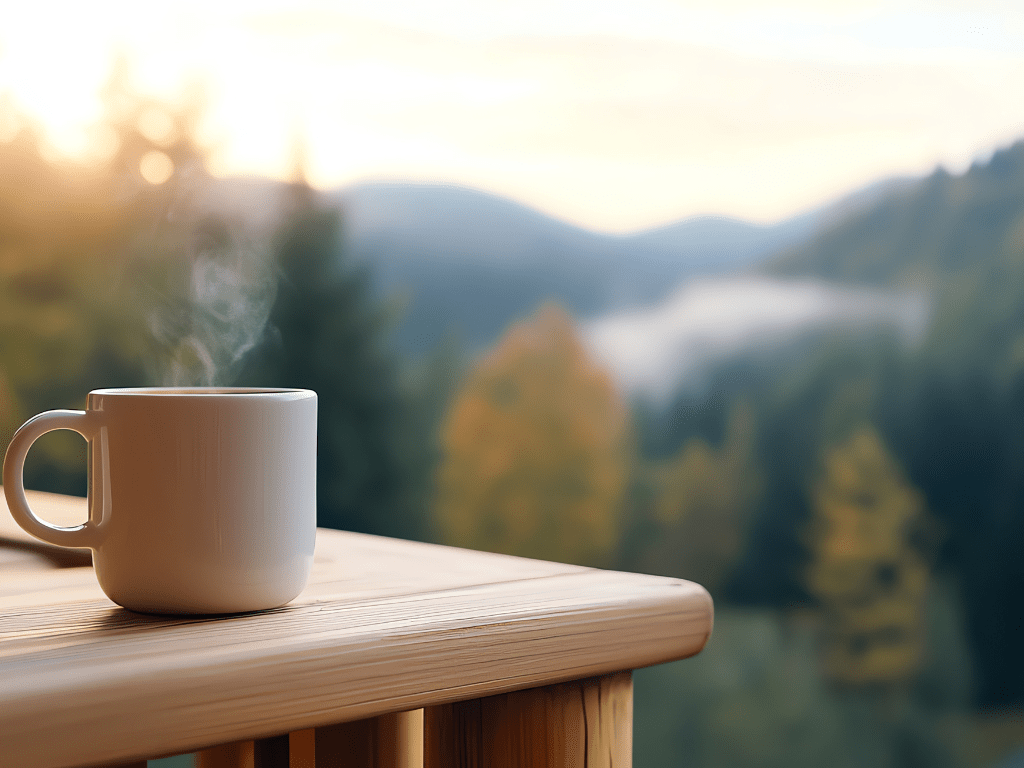 Tasse auf einem Holztisch mit Blick in eine ruhige Landschaft – Moment des Innehaltens und der ersten Orientierung beim Imposter-Syndrom