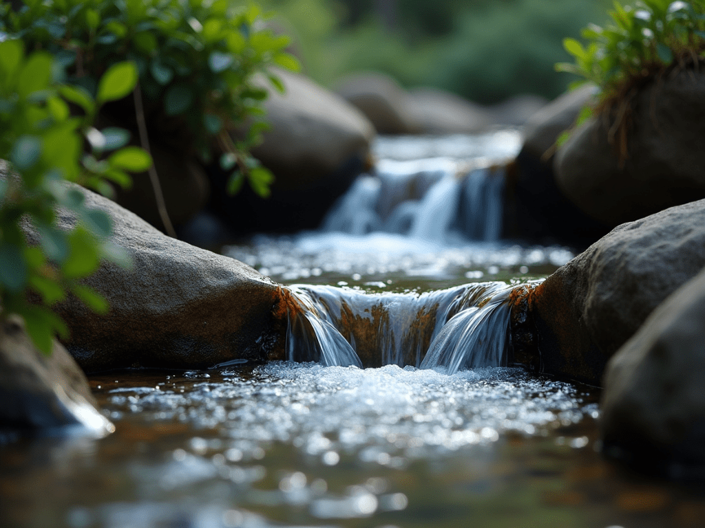 Sanft fließendes Wasser zwischen Steinen in einem ruhigen Naturraum
